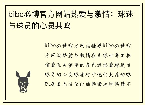 bibo必博官方网站热爱与激情：球迷与球员的心灵共鸣