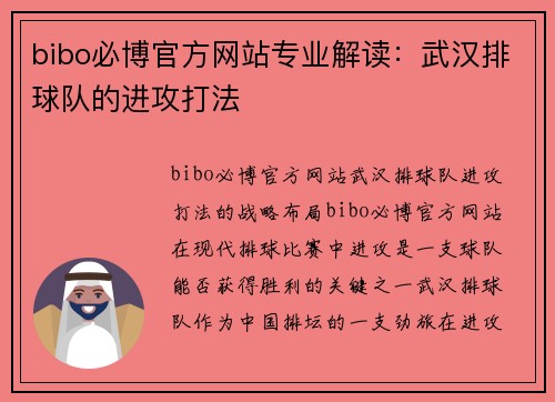 bibo必博官方网站专业解读：武汉排球队的进攻打法