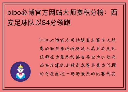 bibo必博官方网站大师赛积分榜：西安足球队以84分领跑