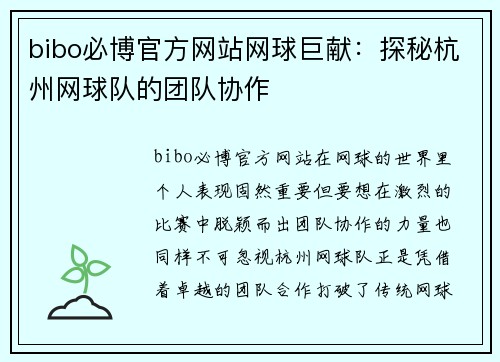 bibo必博官方网站网球巨献：探秘杭州网球队的团队协作