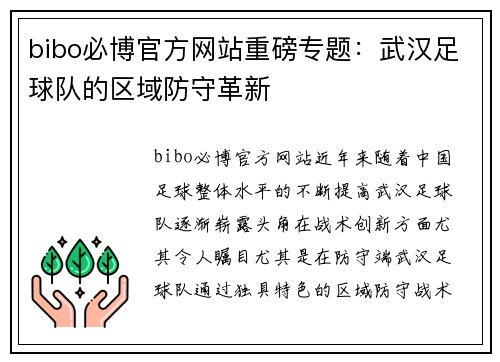 bibo必博官方网站重磅专题：武汉足球队的区域防守革新