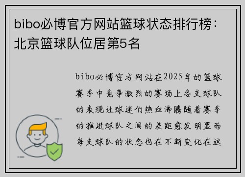 bibo必博官方网站篮球状态排行榜：北京篮球队位居第5名
