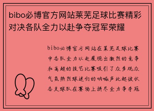 bibo必博官方网站莱芜足球比赛精彩对决各队全力以赴争夺冠军荣耀