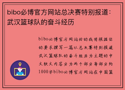 bibo必博官方网站总决赛特别报道：武汉篮球队的奋斗经历