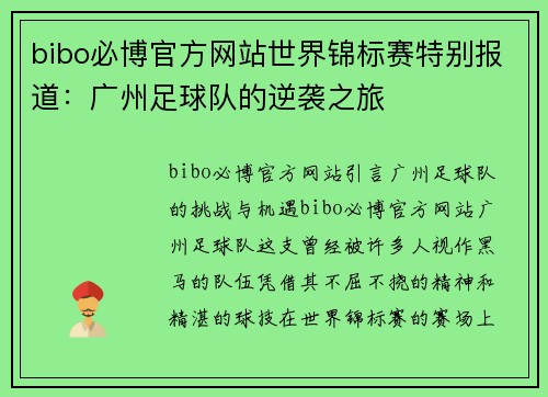 bibo必博官方网站世界锦标赛特别报道：广州足球队的逆袭之旅