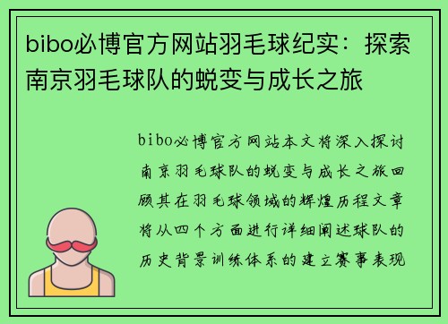 bibo必博官方网站羽毛球纪实：探索南京羽毛球队的蜕变与成长之旅